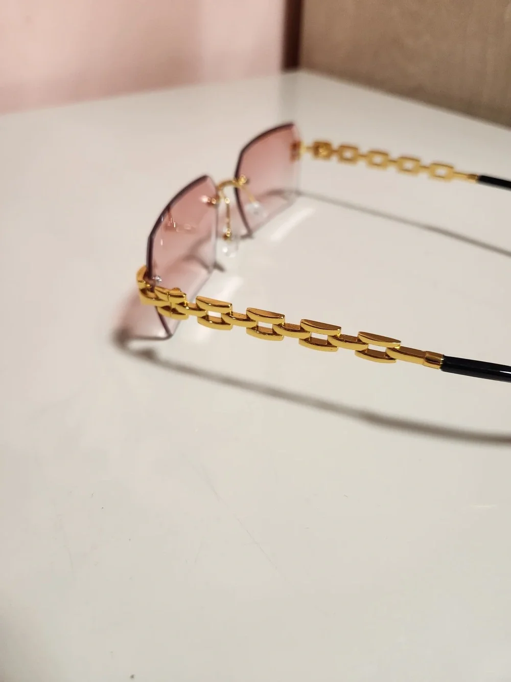 Unisex Rimless Rectangle Sunglasses Gold Metal Frame Pink Tinted Lenses